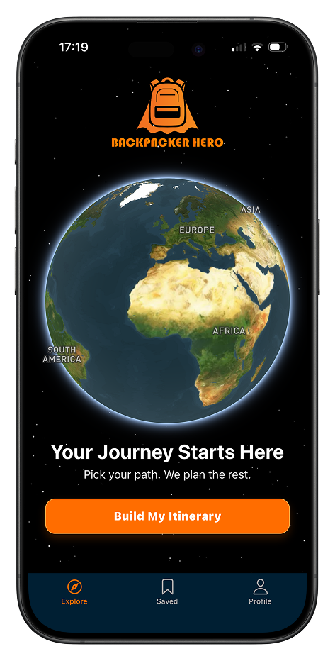 Backpacker Hero explore screen, showing a globe and a Build My Itinerary button