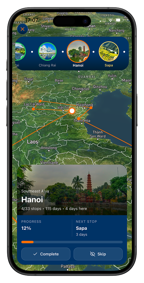 Hanoi stop screen showing 12 percent trip progress and Sapa as the next stop