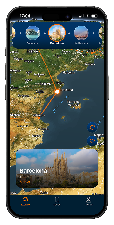 Route map connecting Valencia, Barcelona and Rotterdam with a Barcelona detail card