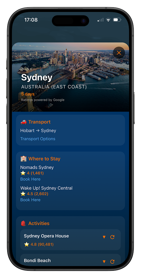 Sydney stop screen showing transport, where to stay and activities