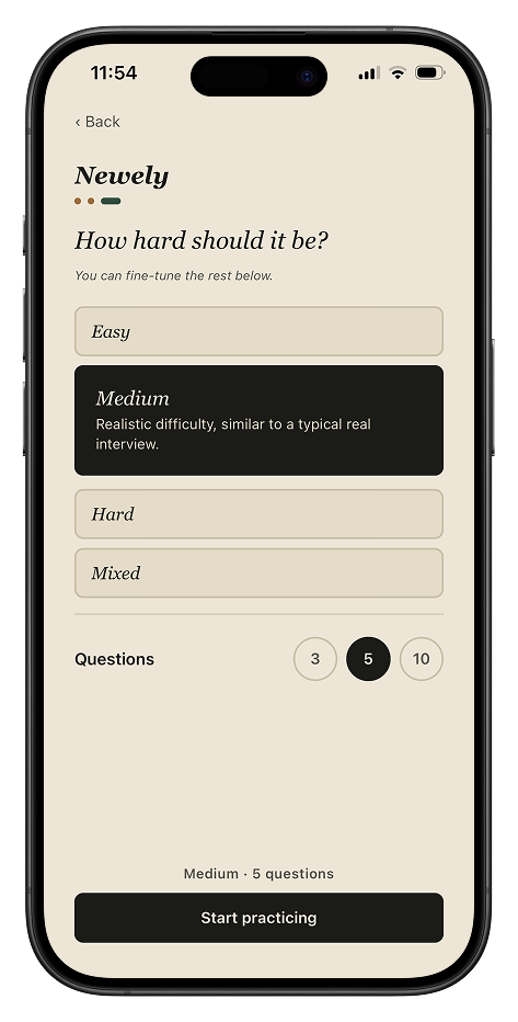 Choosing interview difficulty and number of questions