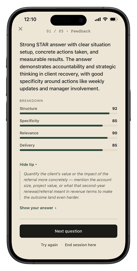 Detailed feedback breakdown with an improvement tip