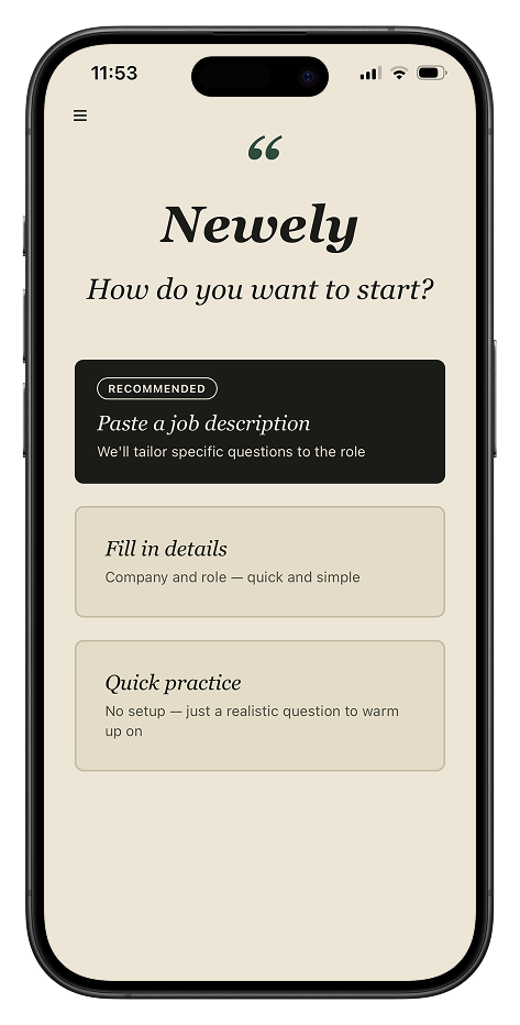 Choosing how to start — paste a job description, fill in details, or quick practice