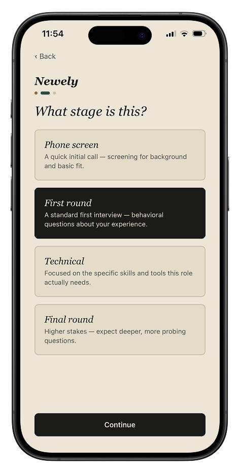 Choosing the interview stage — phone screen, first round, technical, or final round